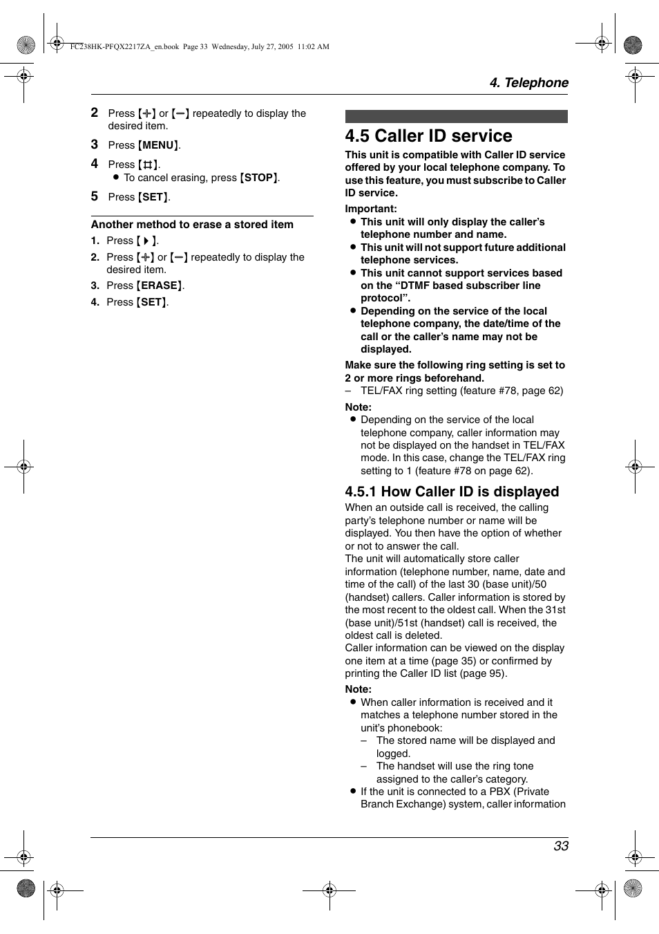 Caller id, 5 caller id service, Caller id service | 5 caller id service, 1 how caller id is displayed, Telephone 33 2 | Panasonic KX-FC238HK User Manual | Page 35 / 106