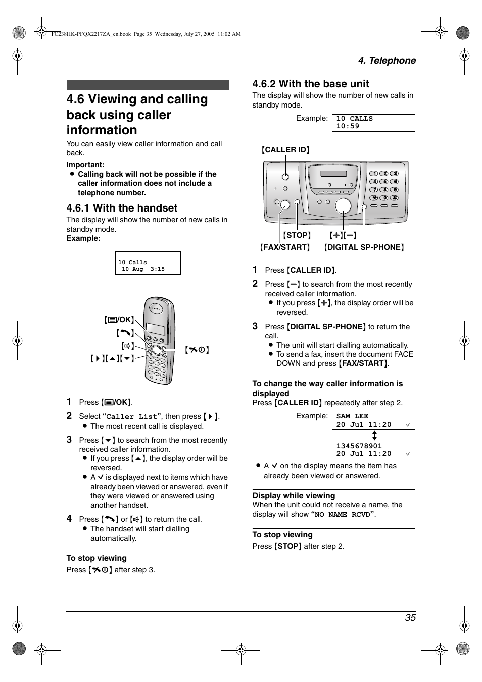 Viewing and calling back using caller information, 1 with the handset, 2 with the base unit | Panasonic KX-FC238HK User Manual | Page 37 / 106