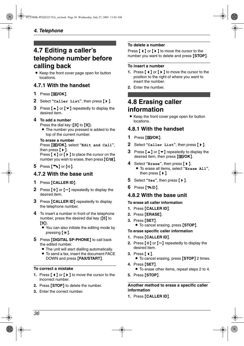 8 erasing caller information, Erasing caller information, 8 erasing caller information | 1 with the handset, 2 with the base unit | Panasonic KX-FC238HK User Manual | Page 38 / 106