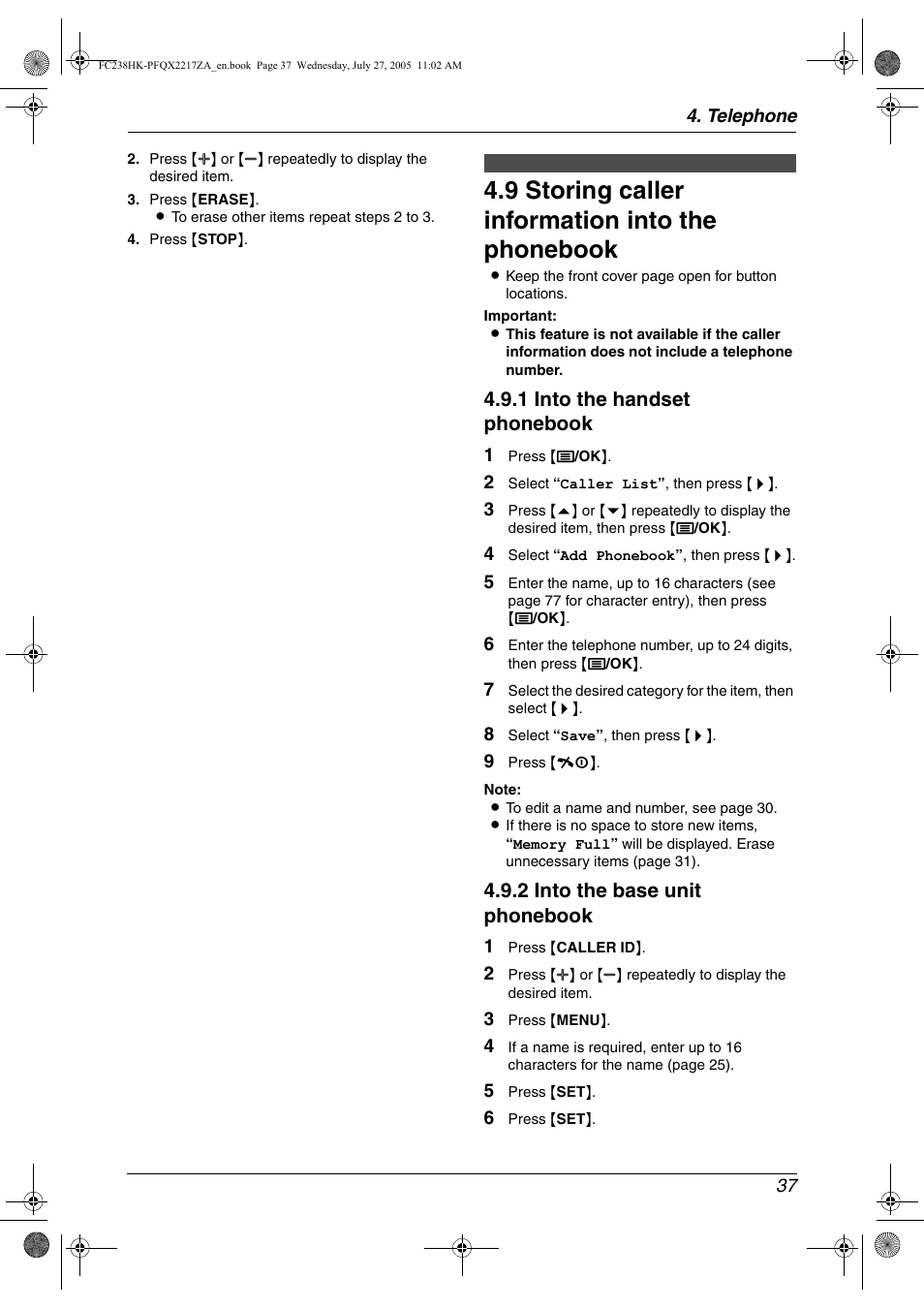 9 storing caller information into the phonebook, Storing caller information into the phonebook, 9 storing caller information into the phonebook | 1 into the handset phonebook, 2 into the base unit phonebook | Panasonic KX-FC238HK User Manual | Page 39 / 106