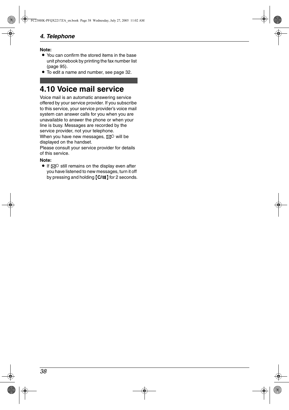 10 voice mail service, Voice mail service, 10 voice mail service | Panasonic KX-FC238HK User Manual | Page 40 / 106
