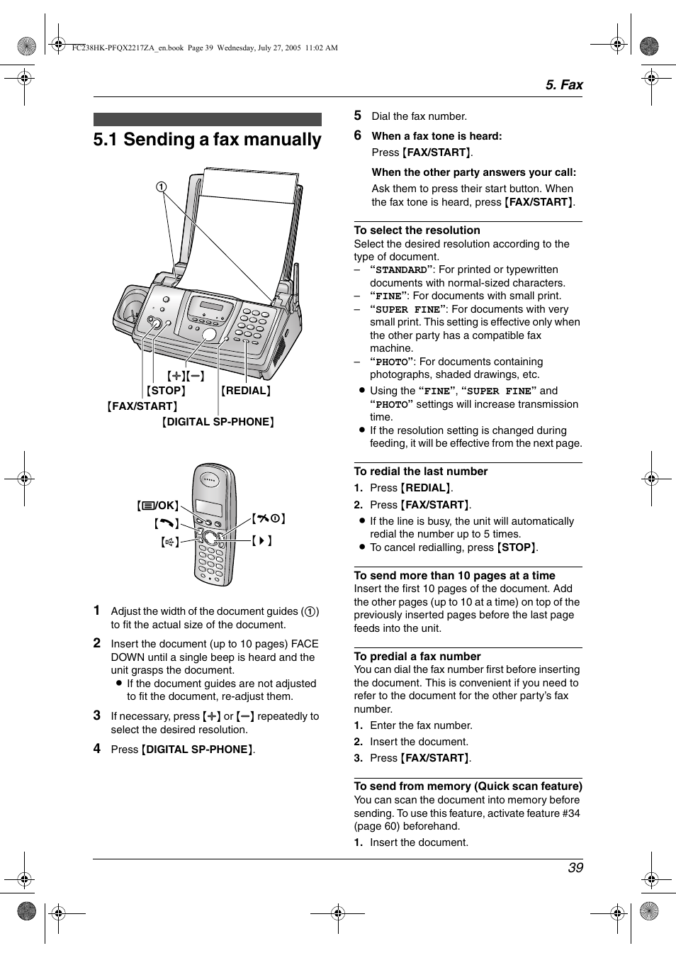 Sending faxes, 1 sending a fax manually, Sending a fax manually | 1 sending a fax manually, Fax 39 | Panasonic KX-FC238HK User Manual | Page 41 / 106