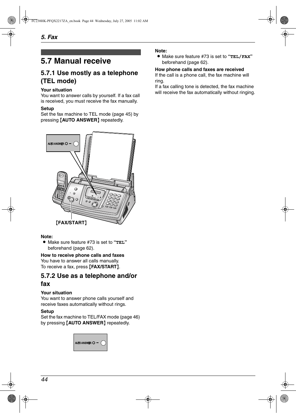 7 manual receive, Manual receive, 7 manual receive | 1 use mostly as a telephone (tel mode), 2 use as a telephone and/or fax | Panasonic KX-FC238HK User Manual | Page 46 / 106