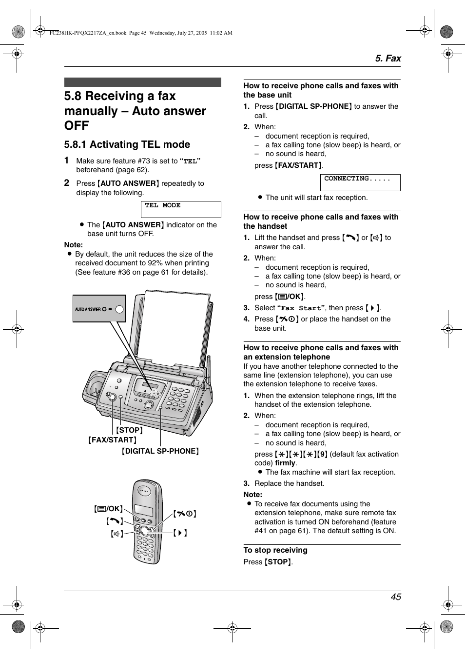 8 receiving a fax manually – auto answer off, Receiving a fax manually – auto answer off, 8 receiving a fax manually – auto answer off | 1 activating tel mode, Fax 45 | Panasonic KX-FC238HK User Manual | Page 47 / 106