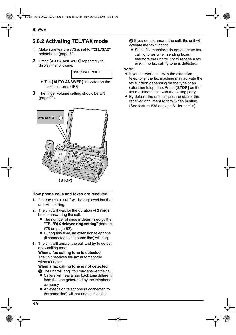 2 activating tel/fax mode, Fax 46 | Panasonic KX-FC238HK User Manual | Page 48 / 106