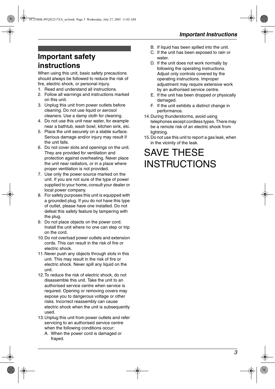 Important instructions, Safety instructions, Important safety instructions | Save these instructions, Important instructions 3 | Panasonic KX-FC238HK User Manual | Page 5 / 106