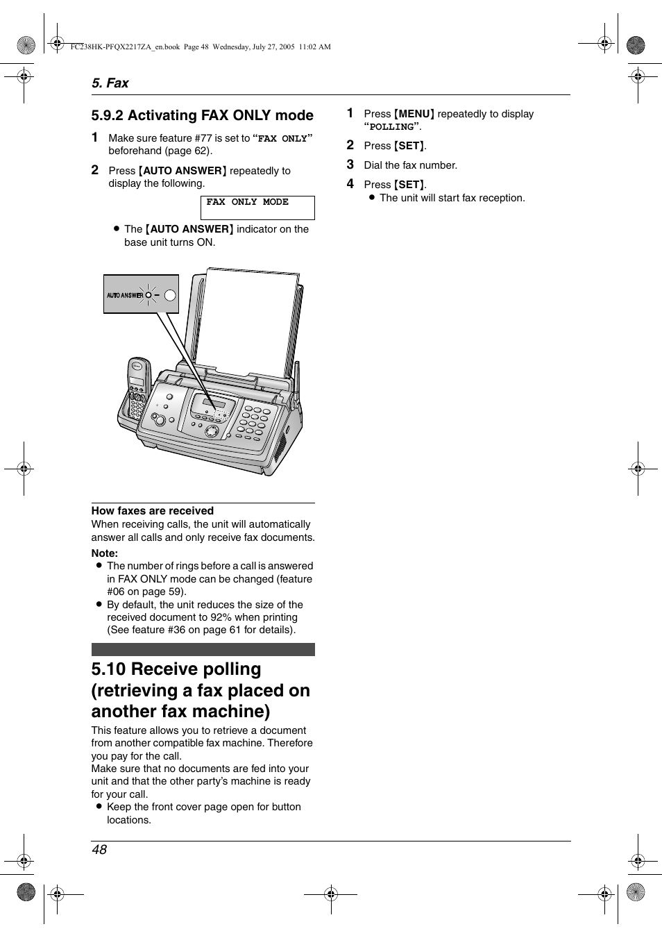 Receive polling (retrieving a fax placed, On another fax machine), 2 activating fax only mode | Panasonic KX-FC238HK User Manual | Page 50 / 106