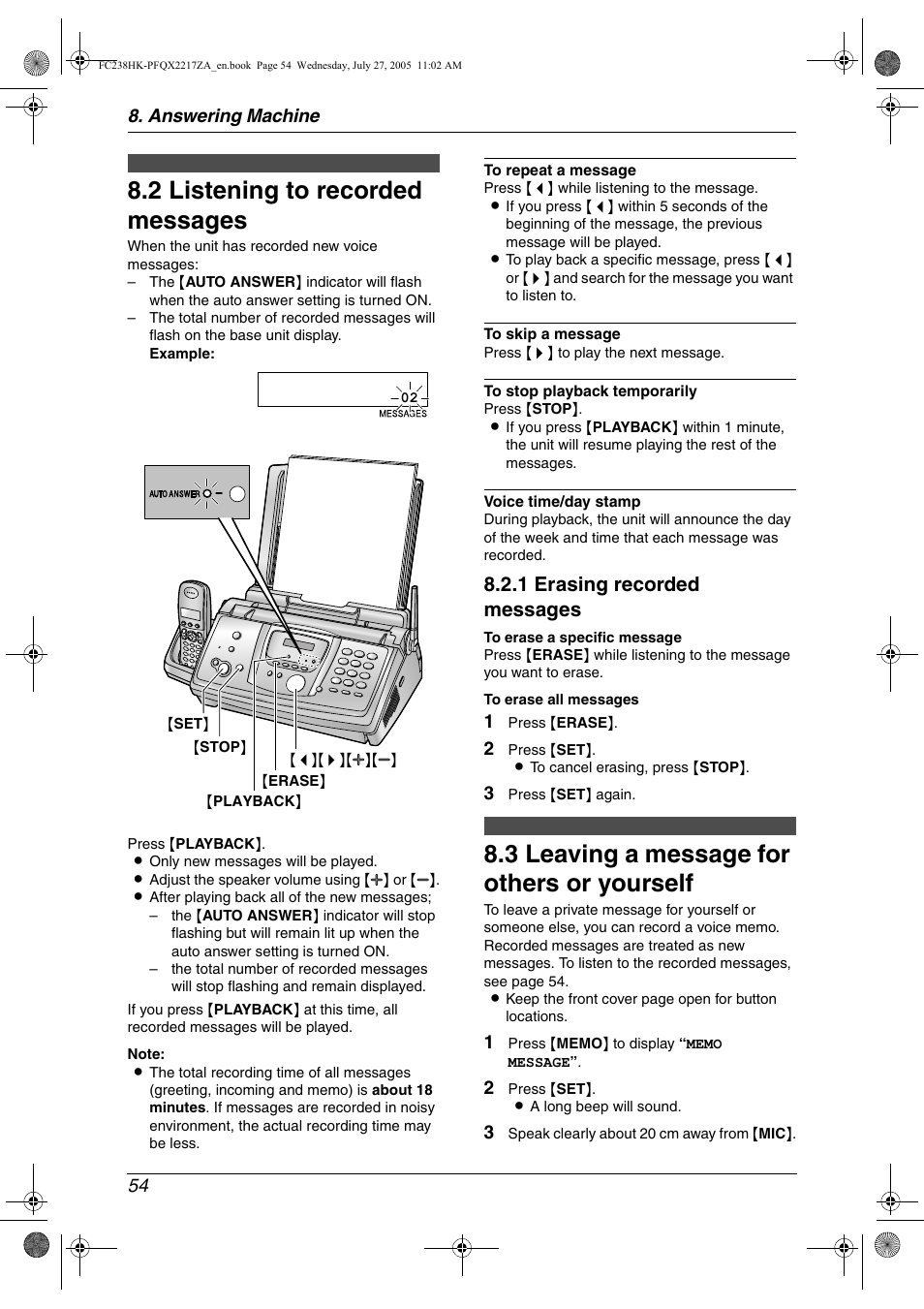 Incoming messages, 2 listening to recorded messages, Memo message | 3 leaving a message for others or yourself, Listening to recorded messages, Leaving a message for others or yourself, 2 listening to recorded messages, 3 leaving a message for others or yourself, 1 erasing recorded messages, Answering machine 54 | Panasonic KX-FC238HK User Manual | Page 56 / 106