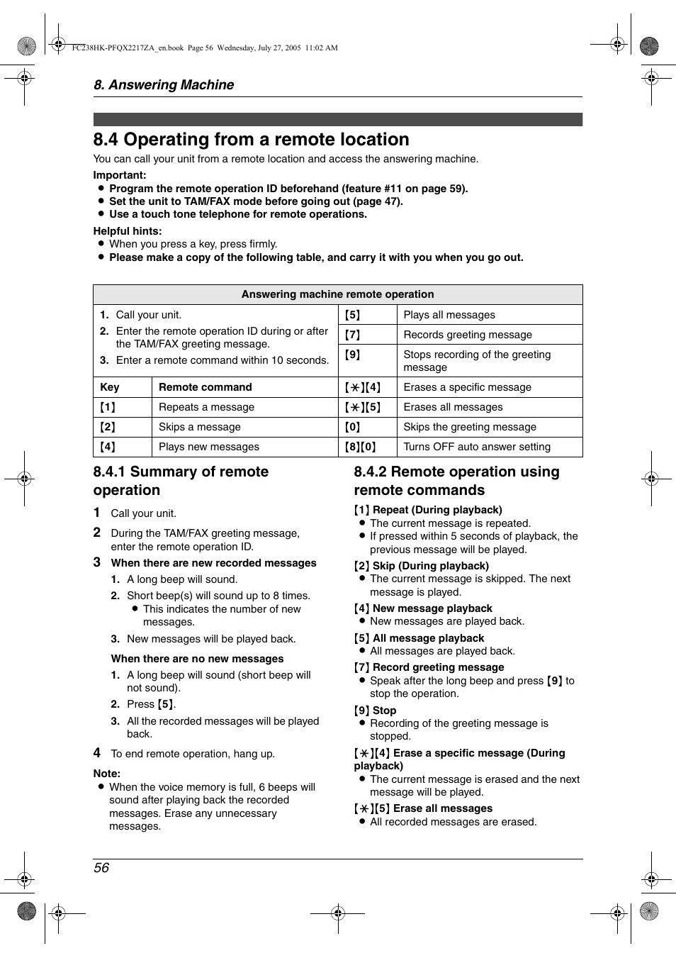 Remote operation, 4 operating from a remote location, Operating from a remote location | 4 operating from a remote location, 1 summary of remote operation, 2 remote operation using remote commands, Answering machine 56 | Panasonic KX-FC238HK User Manual | Page 58 / 106