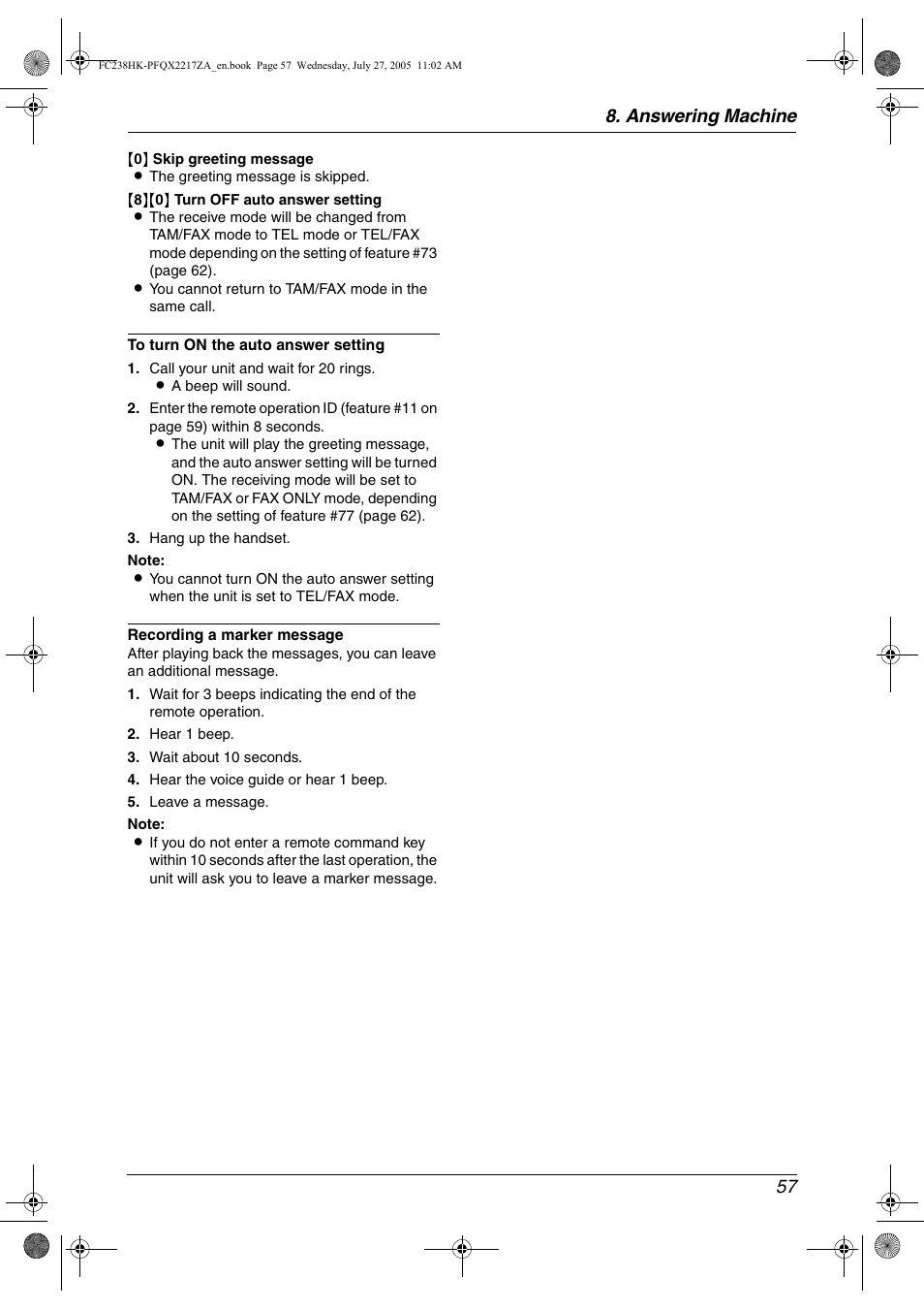 Answering machine 57 | Panasonic KX-FC238HK User Manual | Page 59 / 106