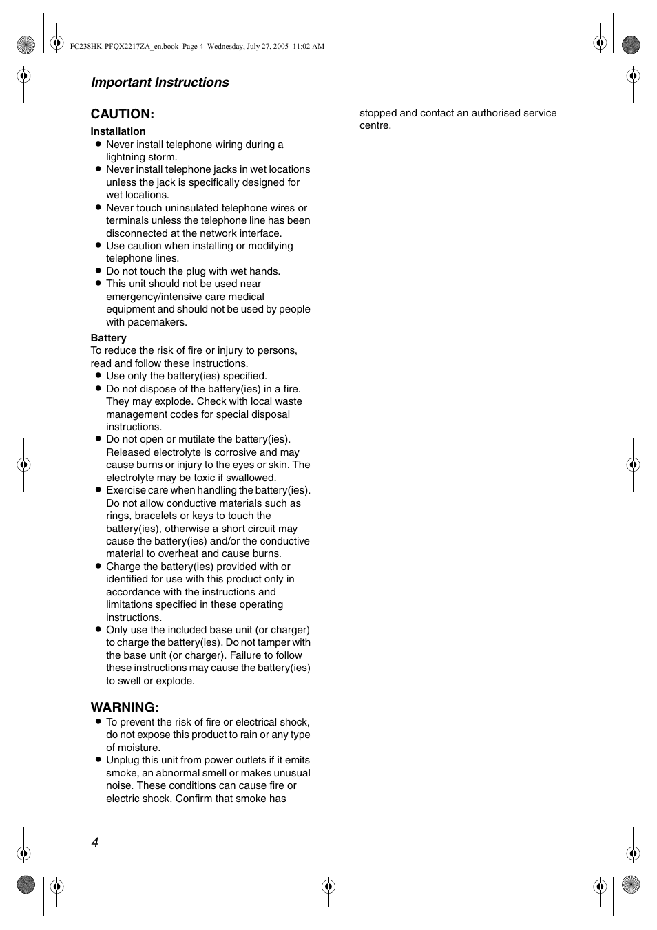 Important instructions 4 caution, Warning | Panasonic KX-FC238HK User Manual | Page 6 / 106