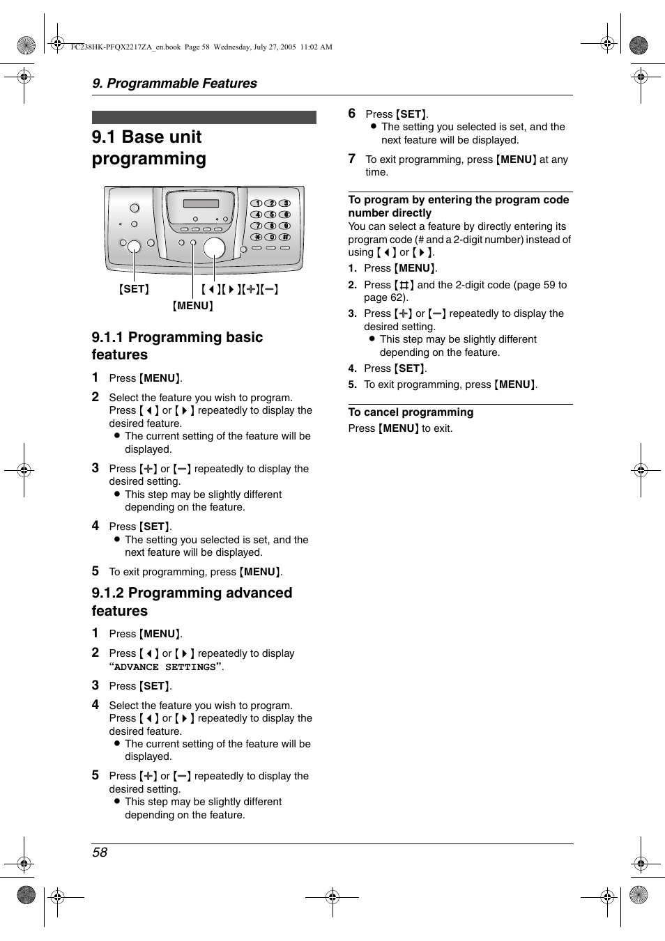 Programmable features, Base unit, 1 base unit programming | Base unit programming, 1 base unit programming, 1 programming basic features, 2 programming advanced features | Panasonic KX-FC238HK User Manual | Page 60 / 106