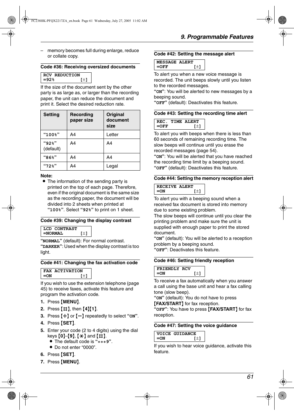 Programmable features 61 | Panasonic KX-FC238HK User Manual | Page 63 / 106