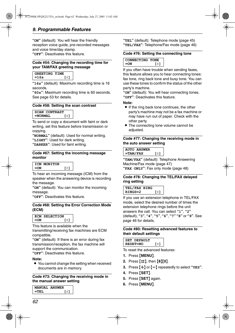 Programmable features 62 | Panasonic KX-FC238HK User Manual | Page 64 / 106