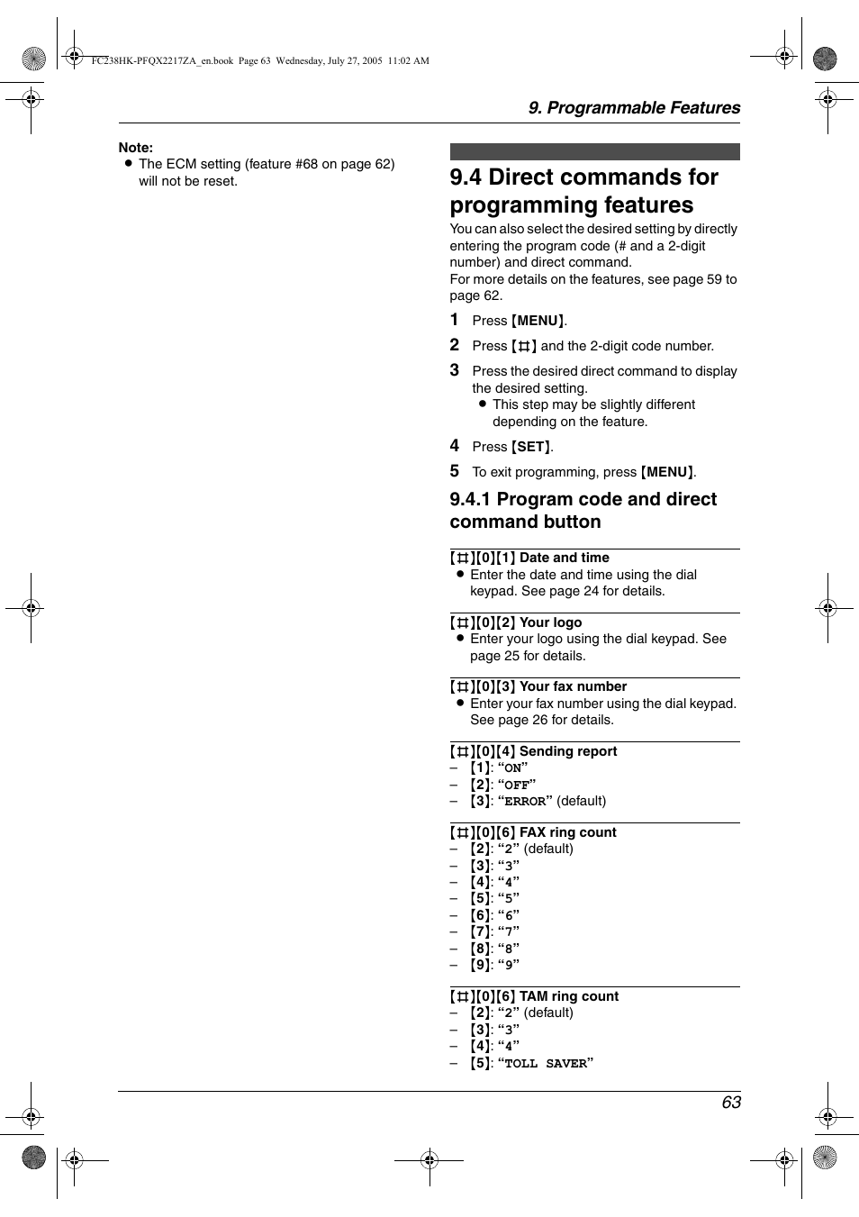 4 direct commands for programming features, Direct commands for programming features, 4 direct commands for programming features | 1 program code and direct command button, Programmable features 63 | Panasonic KX-FC238HK User Manual | Page 65 / 106