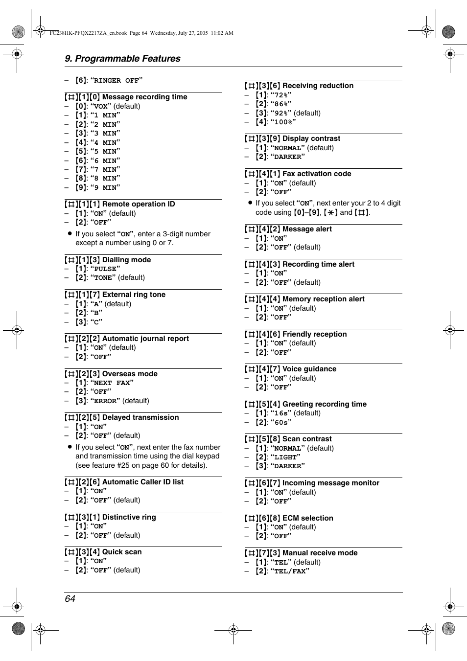 Programmable features 64 | Panasonic KX-FC238HK User Manual | Page 66 / 106