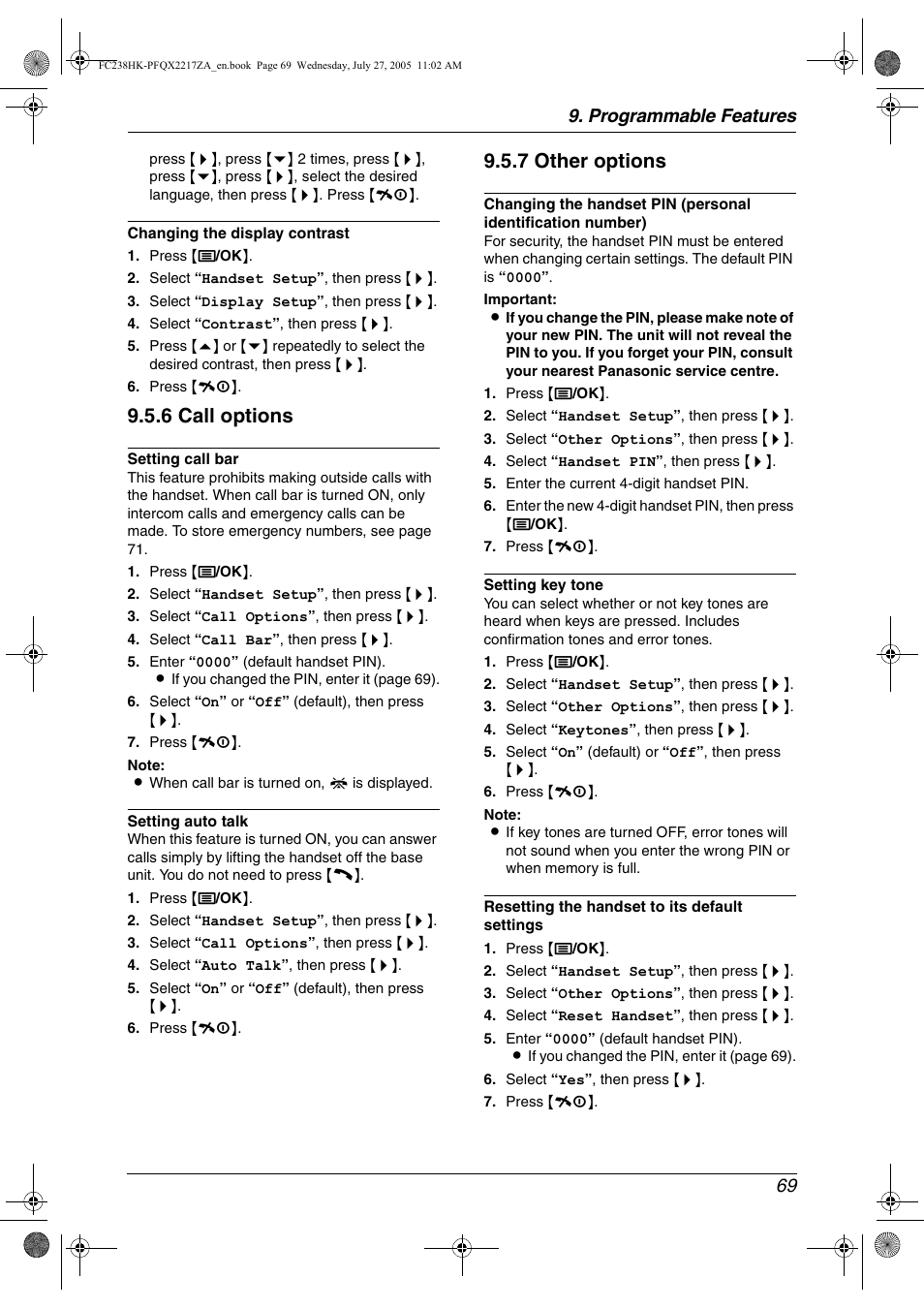 6 call options, 7 other options, Programmable features 69 | Panasonic KX-FC238HK User Manual | Page 71 / 106