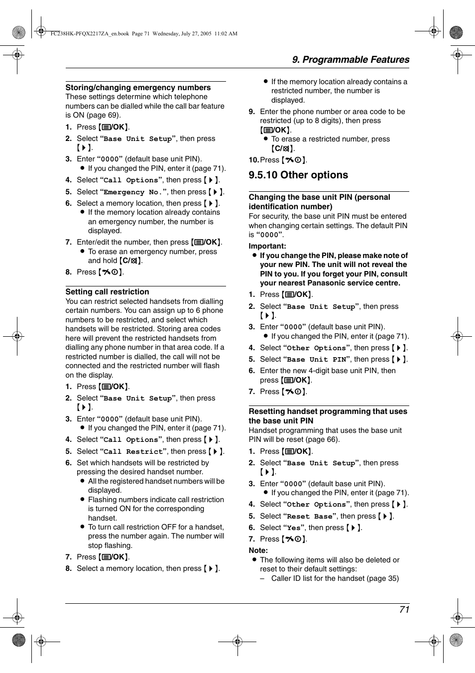 10 other options, Programmable features 71 | Panasonic KX-FC238HK User Manual | Page 73 / 106