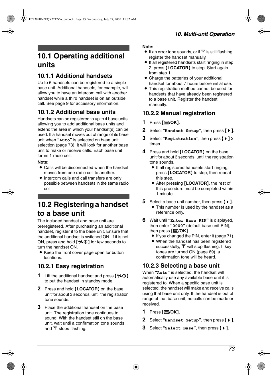 Multi-unit operation, Additional units, 1 operating additional units | 2 registering a handset to a base unit, Operating additional units, Registering a handset to a base unit 73, 1 operating additional units, 2 registering a handset to a base unit, 1 additional handsets, 2 additional base units | Panasonic KX-FC238HK User Manual | Page 75 / 106