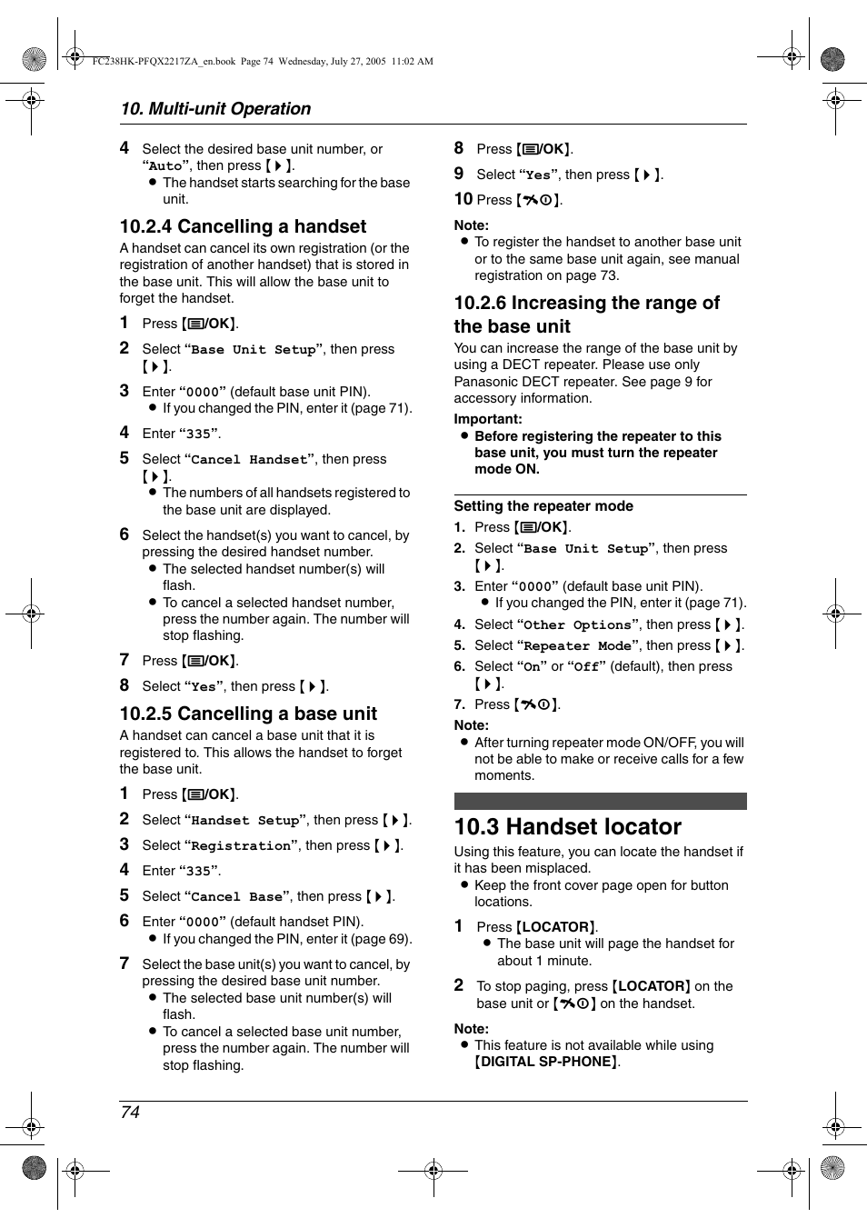 3 handset locator, Handset locator, 3 handset locator | 4 cancelling a handset, 5 cancelling a base unit, 6 increasing the range of the base unit | Panasonic KX-FC238HK User Manual | Page 76 / 106