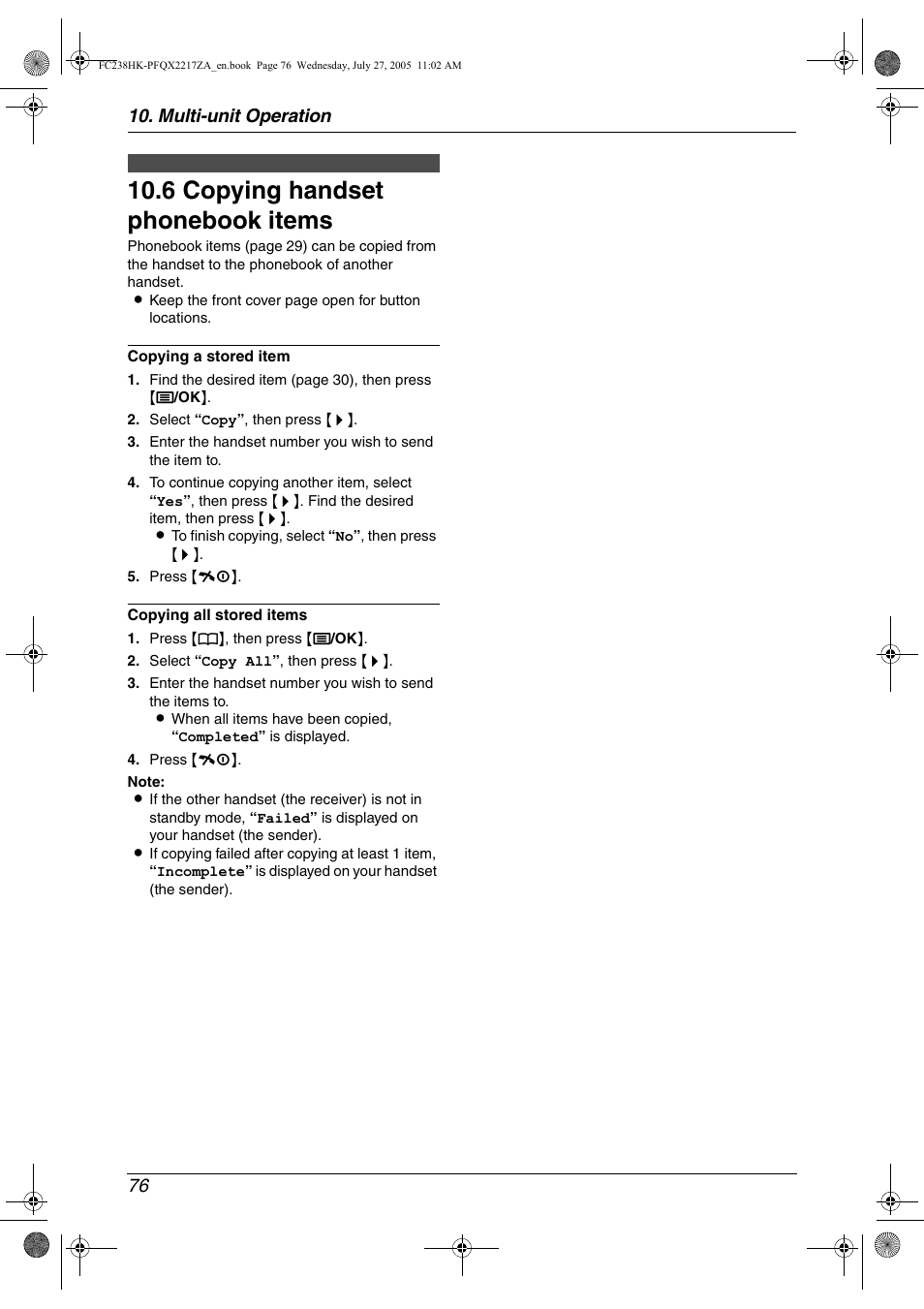 6 copying handset phonebook items, Copying handset phonebook items, 6 copying handset phonebook items | Multi-unit operation 76 | Panasonic KX-FC238HK User Manual | Page 78 / 106