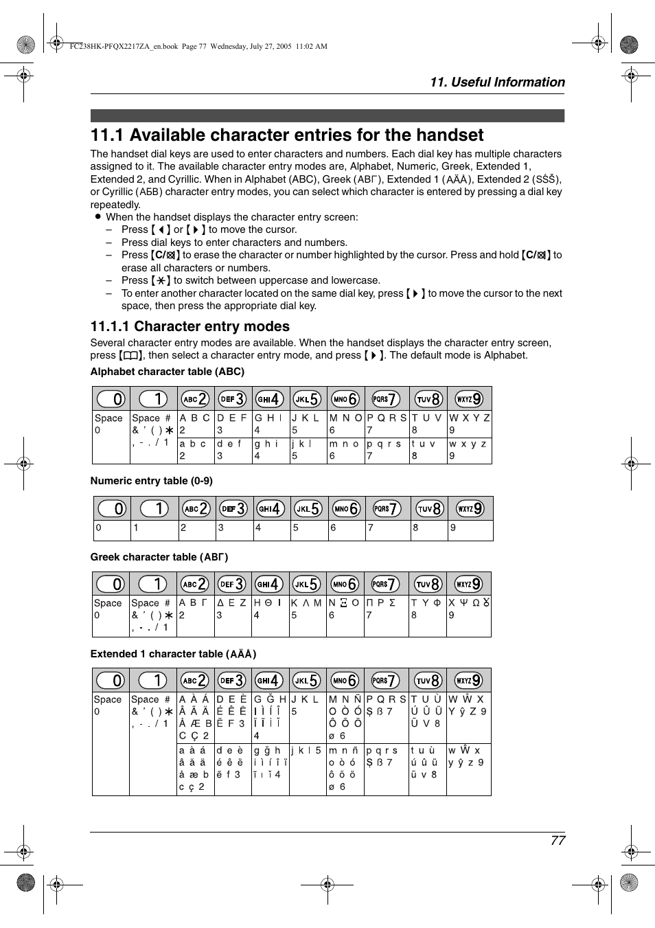 Useful information, 1 available character entries for the handset, Available character entries for the | Handset, 77 f, 1 available character entries for the handset, 1 character entry modes, Useful information 77 | Panasonic KX-FC238HK User Manual | Page 79 / 106