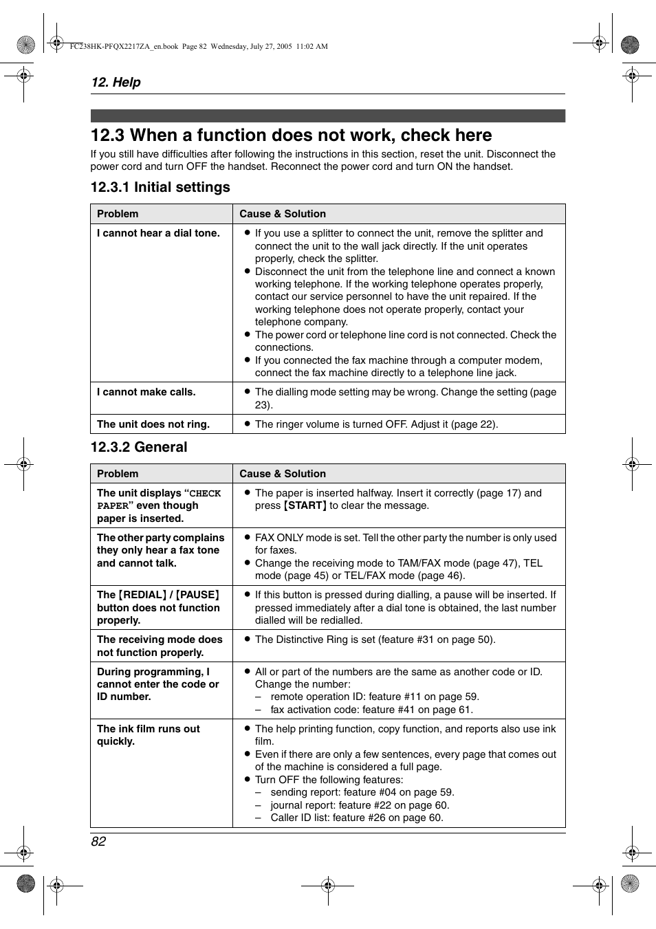 Troubleshooting, 3 when a function does not work, check here, When a function does not work, check | Here, 3 when a function does not work, check here, Help 82 | Panasonic KX-FC238HK User Manual | Page 84 / 106