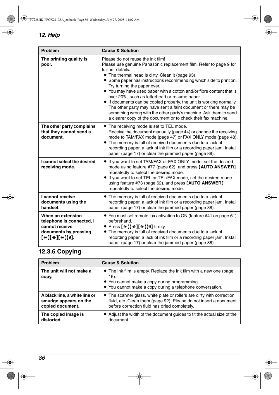 6 copying, Help 86 | Panasonic KX-FC238HK User Manual | Page 88 / 106