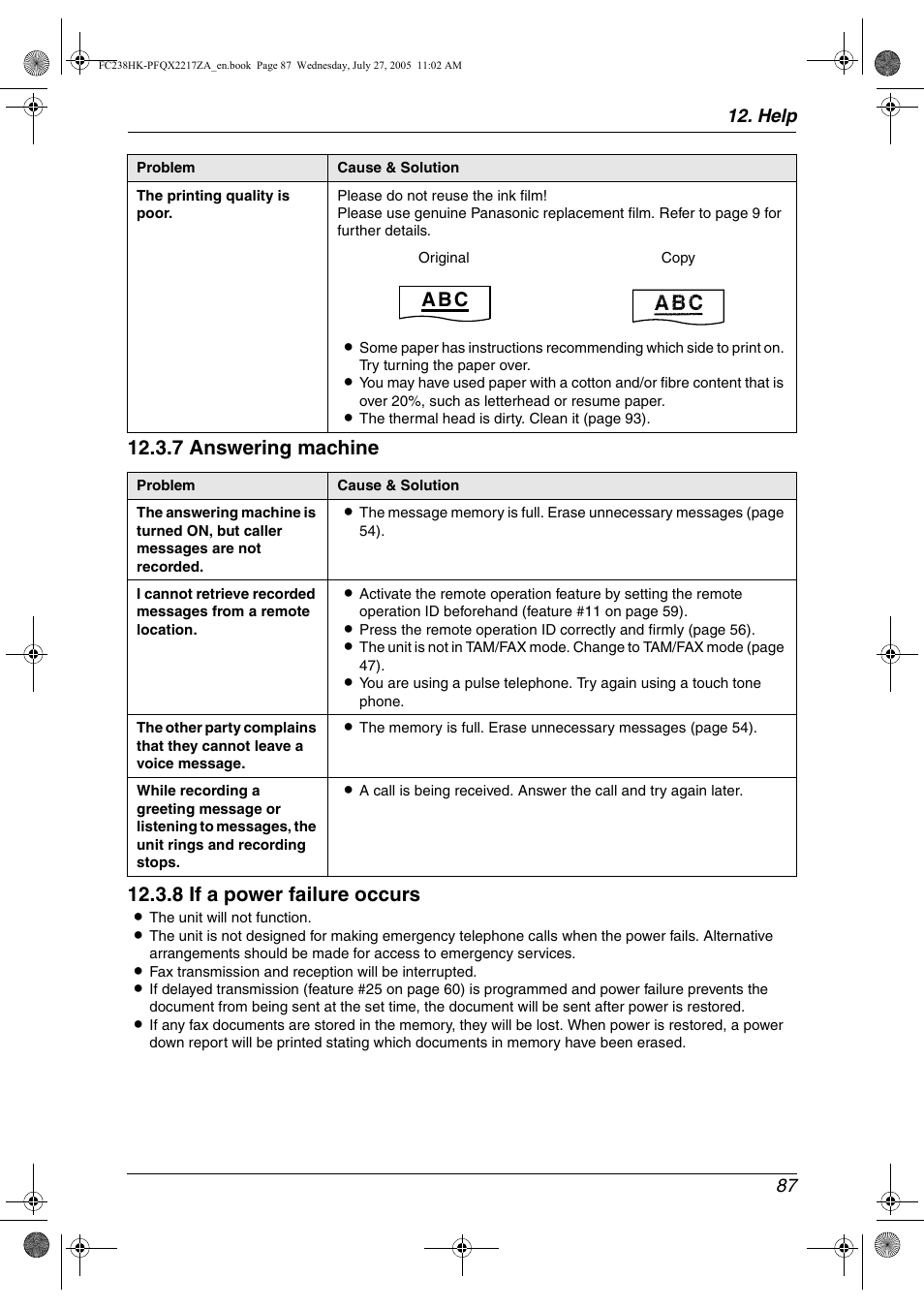 A b c, Help 87 | Panasonic KX-FC238HK User Manual | Page 89 / 106