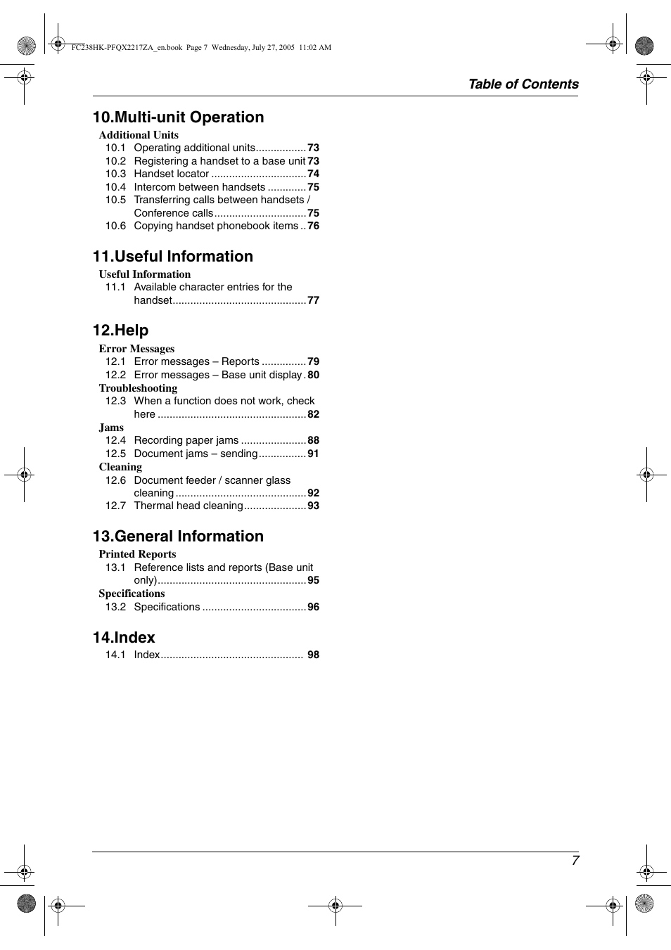 Multi-unit operation, Useful information, Help | General information, Index | Panasonic KX-FC238HK User Manual | Page 9 / 106