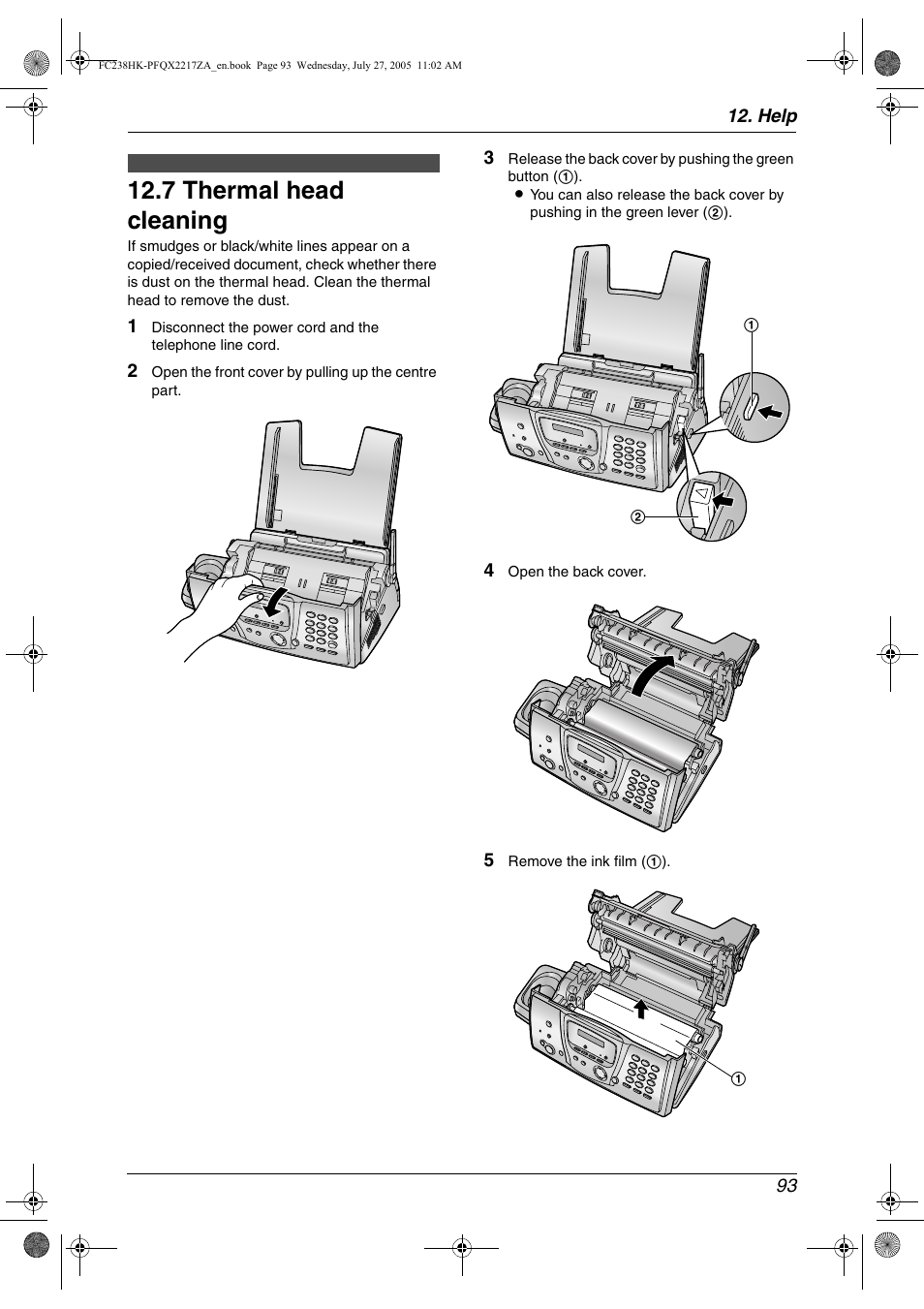 7 thermal head cleaning, Thermal head cleaning, 7 thermal head cleaning | Panasonic KX-FC238HK User Manual | Page 95 / 106