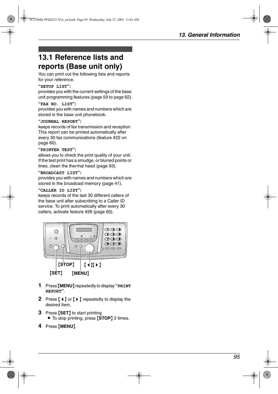 General information, Printed reports, 1 reference lists and reports (base unit only) | Reference lists and reports (base unit, Only), 1 reference lists and reports (base unit only), General information 95 | Panasonic KX-FC238HK User Manual | Page 97 / 106