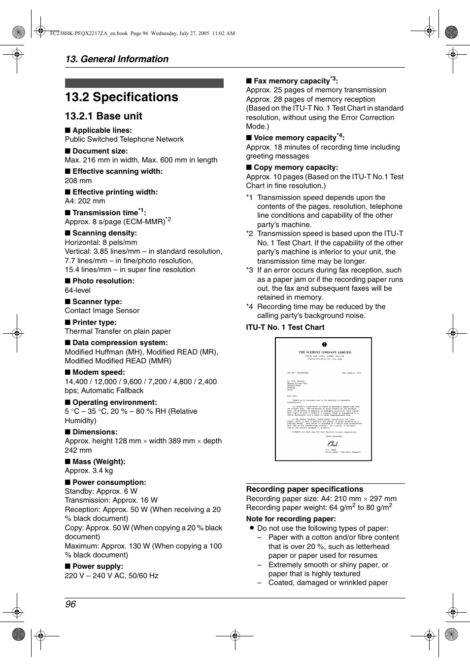 Specifications, 2 specifications, 2 specifications | 1 base unit, General information 96 | Panasonic KX-FC238HK User Manual | Page 98 / 106