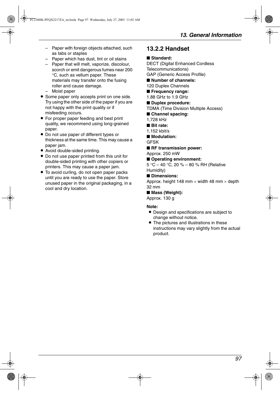 2 handset, General information 97 | Panasonic KX-FC238HK User Manual | Page 99 / 106