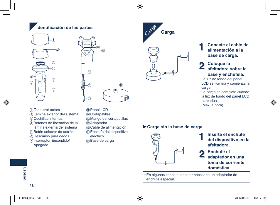 Car ga, Carga | Panasonic ES8224 User Manual | Page 16 / 20