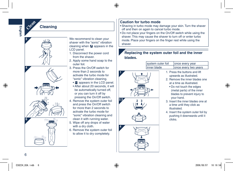 Clean, Cleaning | Panasonic ES8224 User Manual | Page 6 / 20
