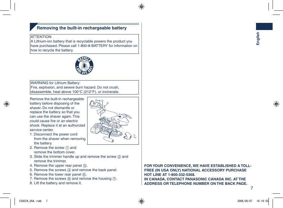 Removing the built-in rechargeable battery | Panasonic ES8224 User Manual | Page 7 / 20