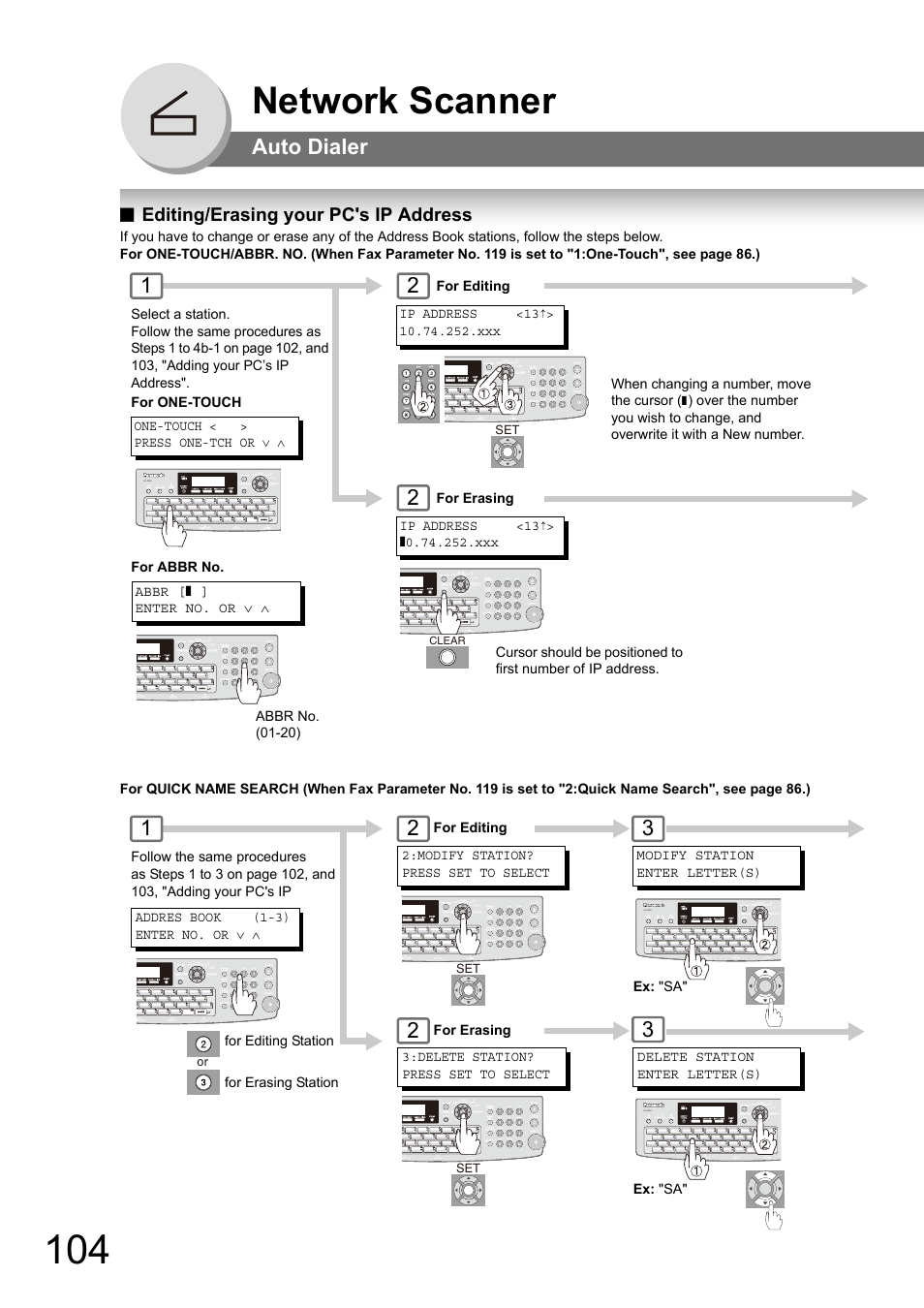 Editing/erasing your pc's ip address, Network scanner, Auto dialer | Panasonic Panafax UF-7950 User Manual | Page 104 / 126