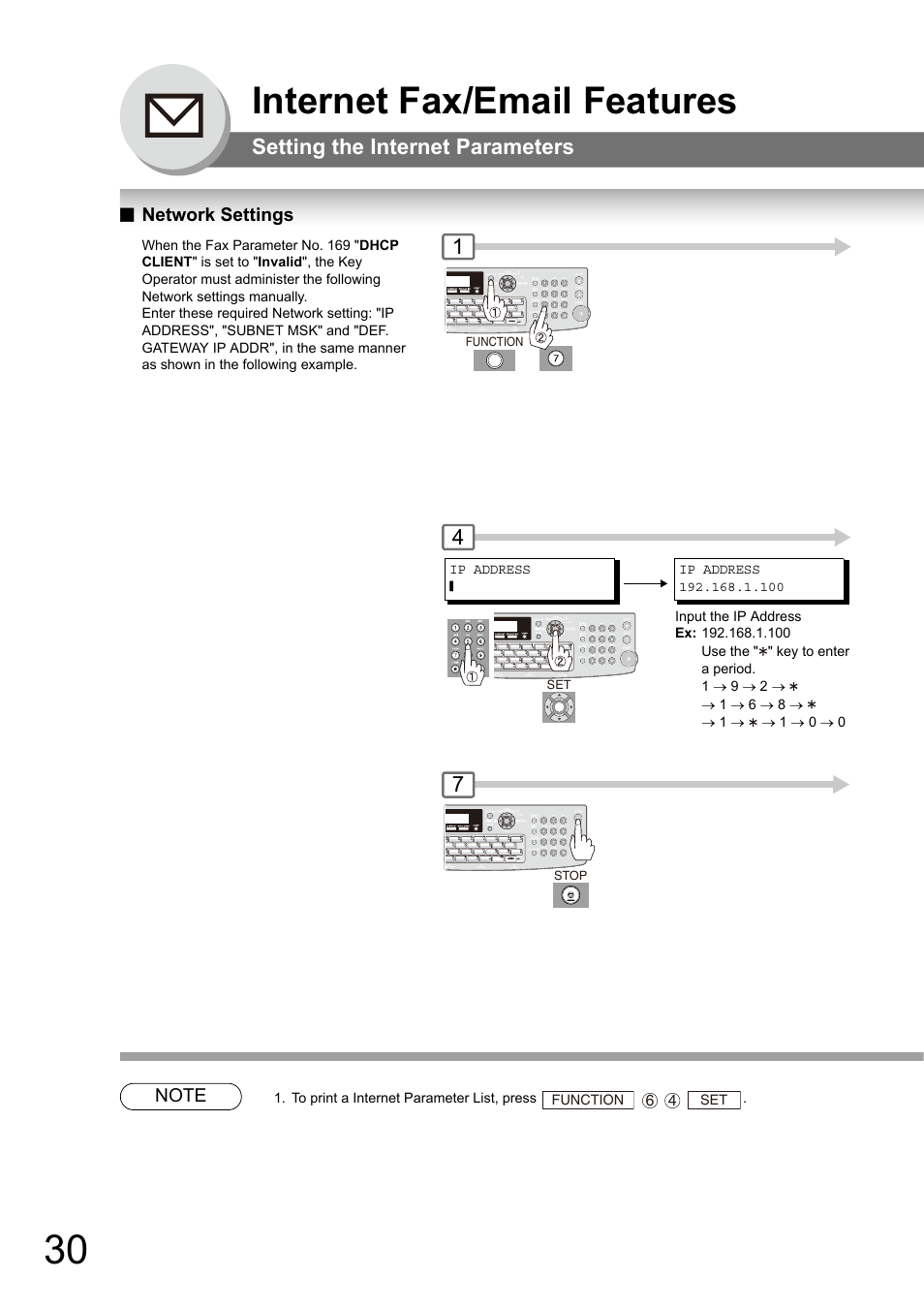 Network settings, Internet fax/email features, Setting the internet parameters | Panasonic Panafax UF-7950 User Manual | Page 30 / 126