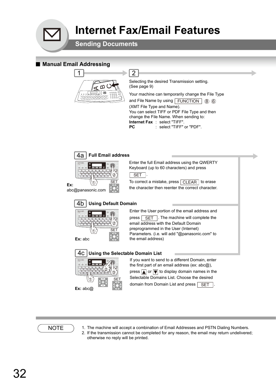 Sending documents, Manual email addressing, Internet fax/email features | 14a 4b 4c, Ab c | Panasonic Panafax UF-7950 User Manual | Page 32 / 126