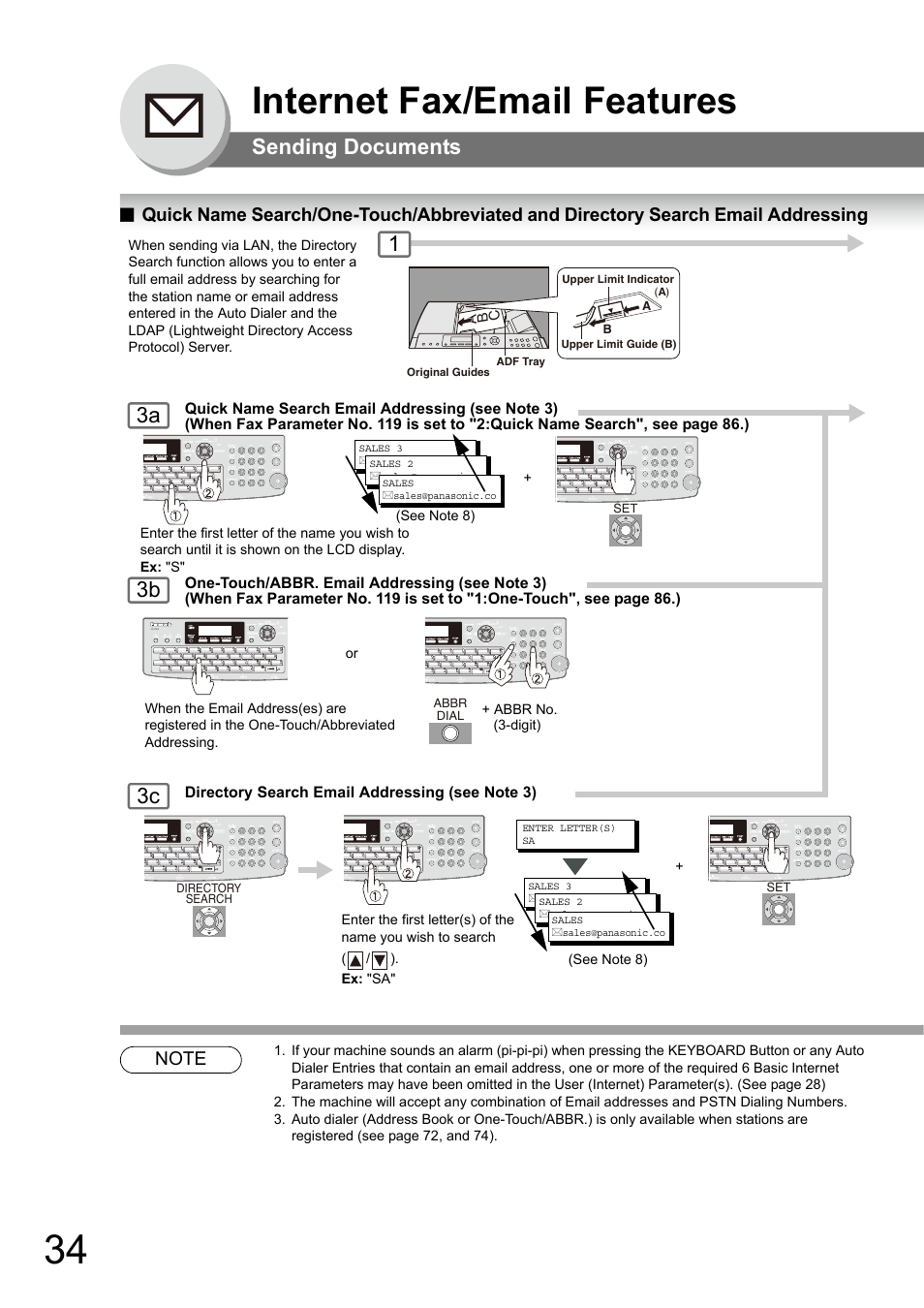 Search email addressing, Internet fax/email features, Sending documents | 3a 3b 3c 1 | Panasonic Panafax UF-7950 User Manual | Page 34 / 126