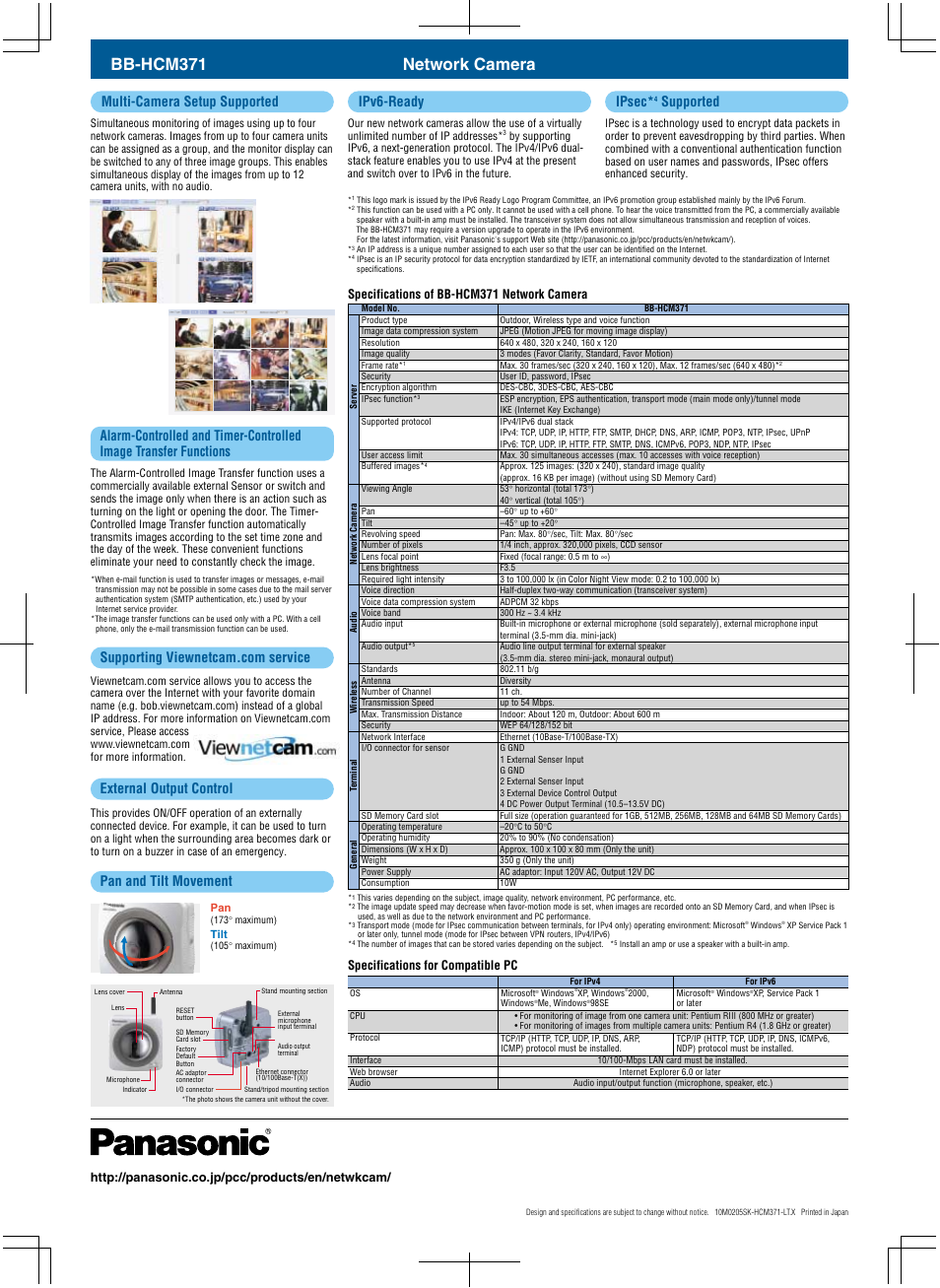 Network camera bb-hcm371, Ipsec, Ipv6-ready | Multi-camera setup supported, Specifications of bb-hcm371 network camera, Specifications for compatible pc | Panasonic BB-HCM371 User Manual | Page 2 / 2