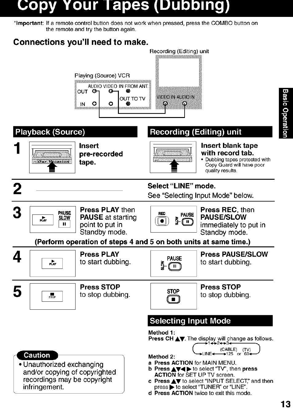 Üopy your lapes (üudding), Connections you’ll need to make, Recording (editing) unit | Seiect “line” mode, Press rec, then pause/slow, Press play, Press pause/slow, Press stop, Selecting input mode, Copy your tapes (dubbing) | Panasonic PV C2063 User Manual | Page 13 / 40