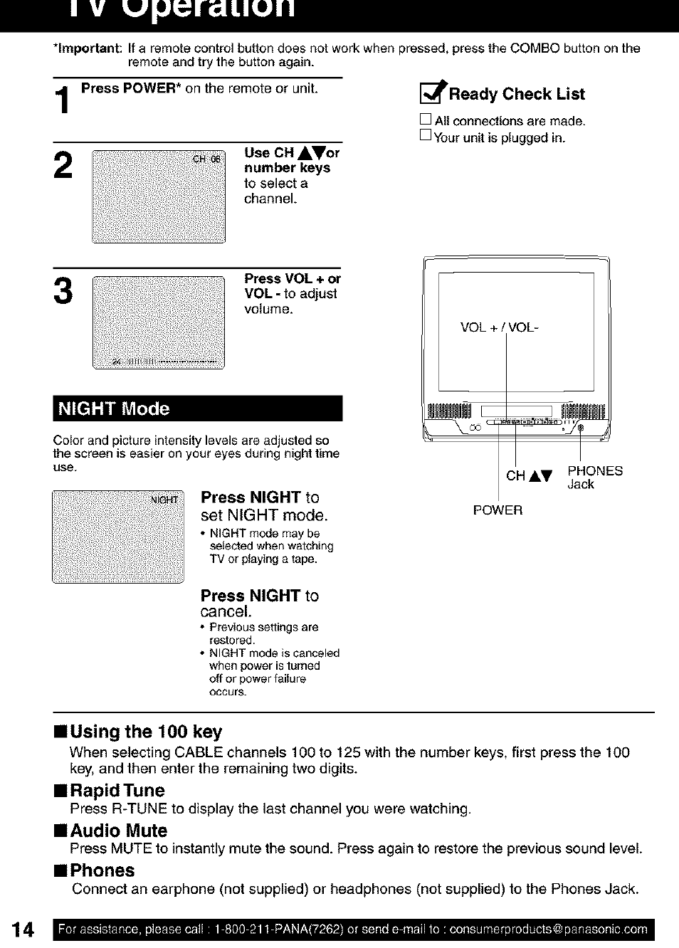 Night mode, Midht; press night to, Press night to | Ready check list, I using the 100 key, I rapid tune, I audio mute, Iphones, I v im^pt^rclllun | Panasonic PV C2063 User Manual | Page 14 / 40