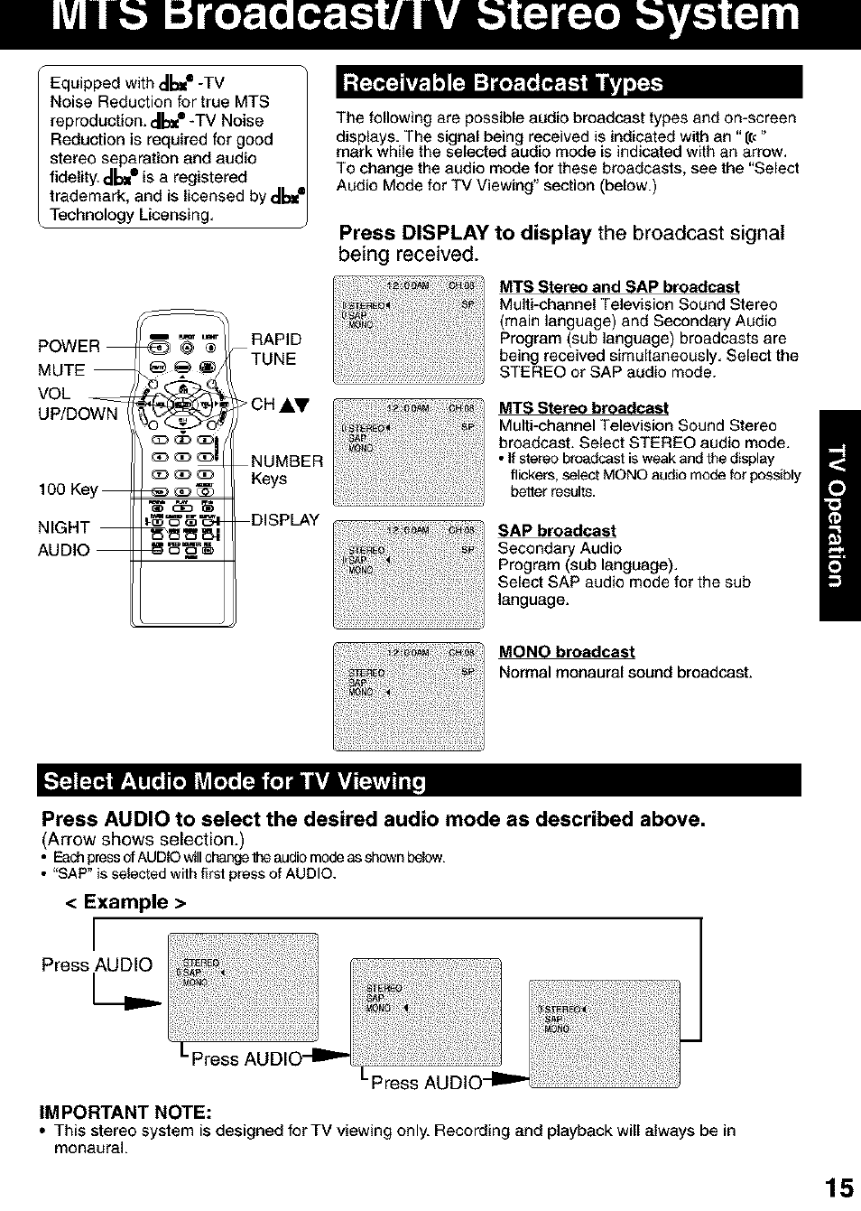 I b broadcast/1 v btereo bystem, Receivable broadcast types, Select audio mode for tv viewing | Example, Important note | Panasonic PV C2063 User Manual | Page 15 / 40