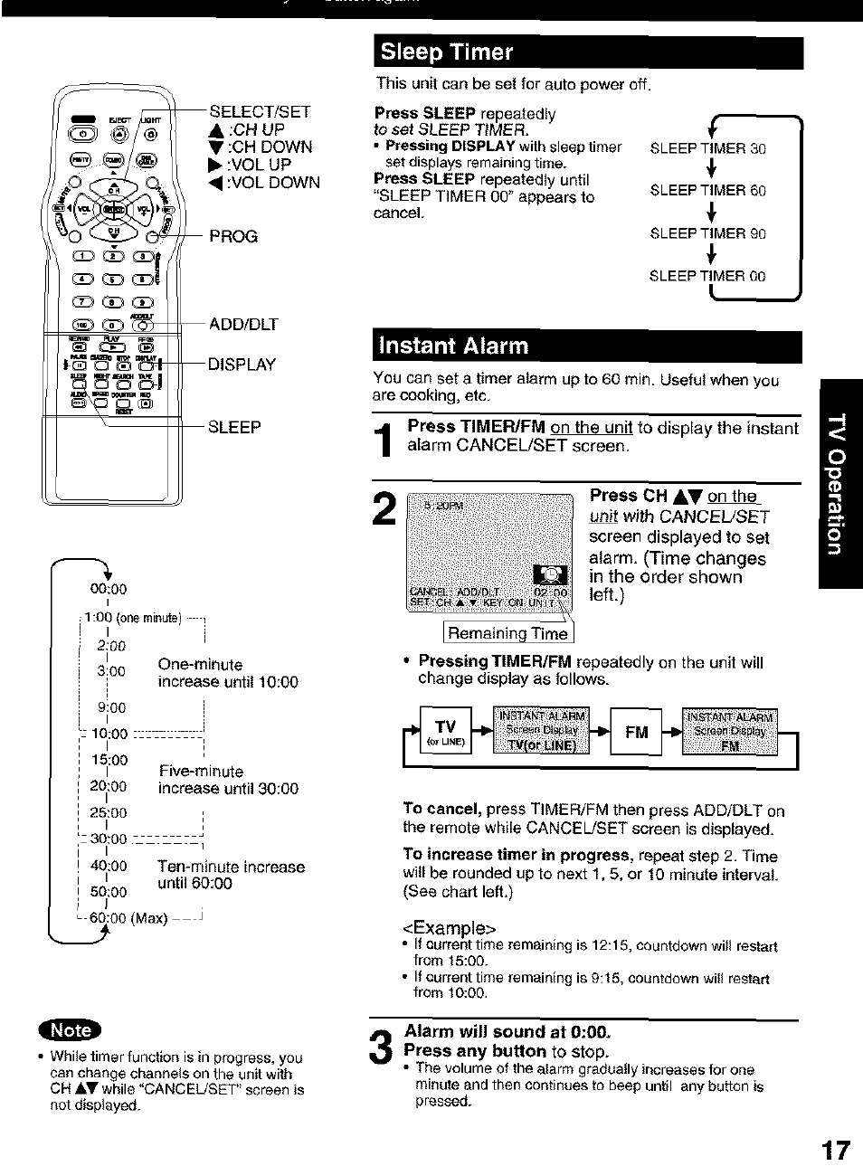 Sleep timer, Instant alarm | Panasonic PV C2063 User Manual | Page 17 / 40