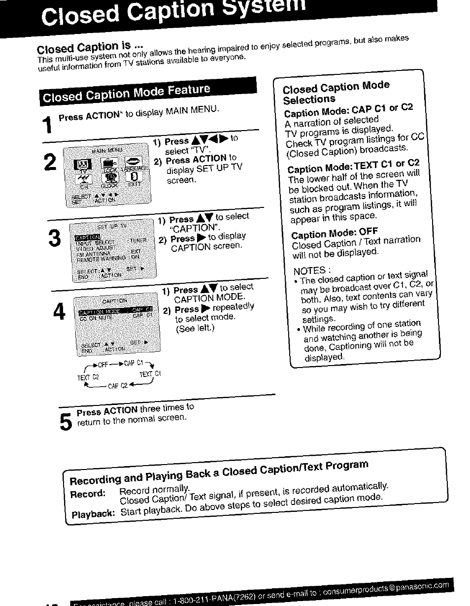 Closed caption bysien, Ctos«. cap«o" g„ .n,o, p, Text c 1 | Mode: opf, Closed caption mode featum, Closed caption wlode selections, Hflower, The screen | Panasonic PV C2063 User Manual | Page 18 / 40
