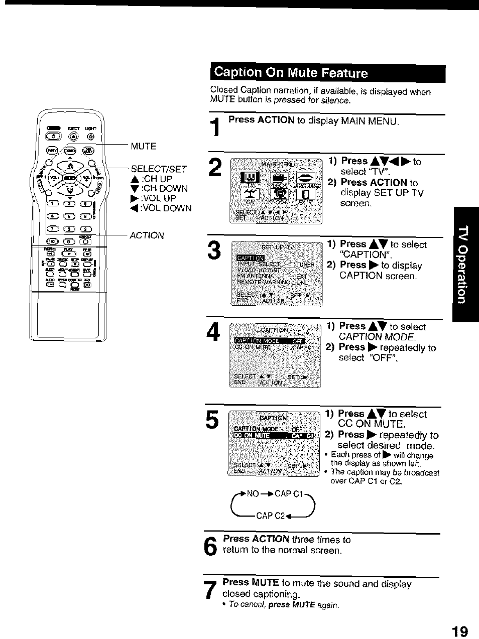 Caption on mute feature | Panasonic PV C2063 User Manual | Page 19 / 40