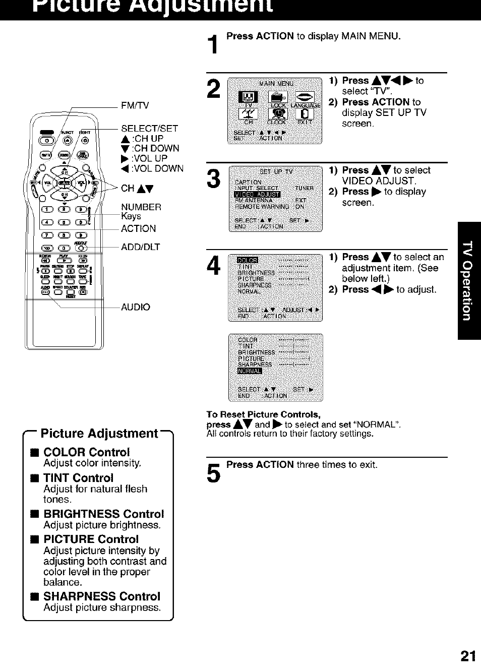 Picture adjustment, I color control, I tint control | I brightness control, I picture control, I sharpness control | Panasonic PV C2063 User Manual | Page 21 / 40