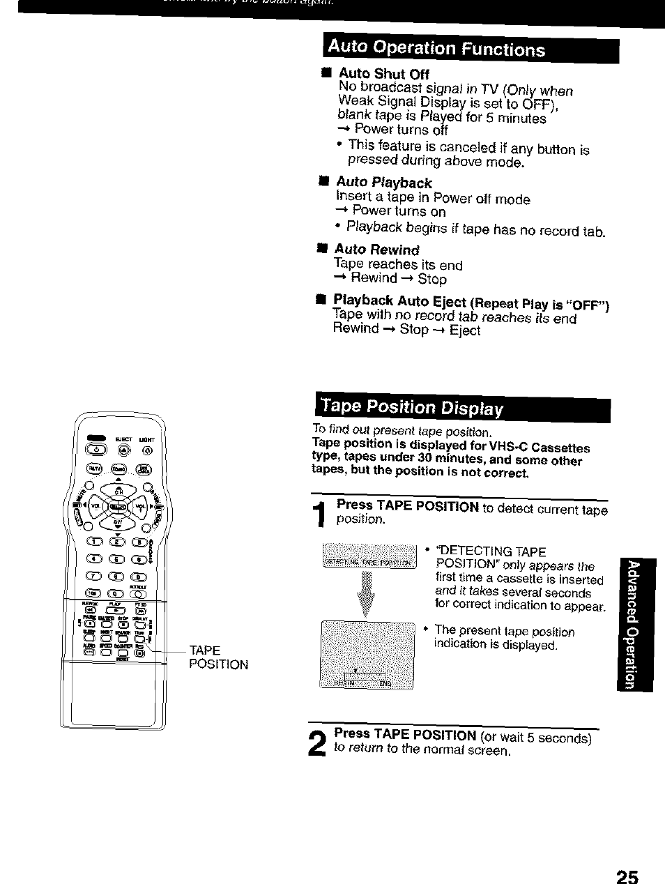 Auto operation functions, Tape position display | Panasonic PV C2063 User Manual | Page 25 / 40